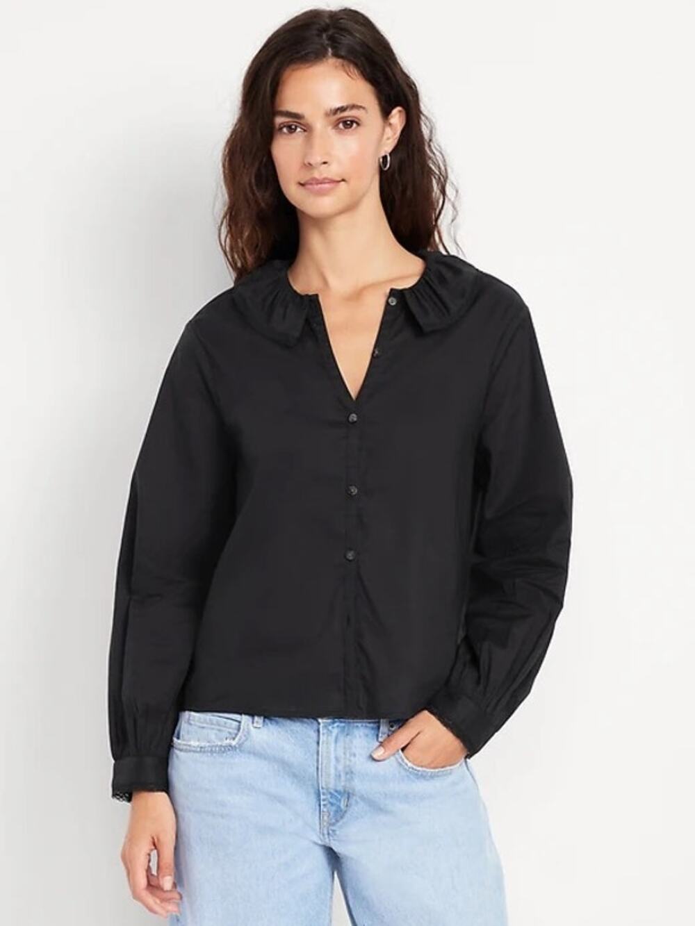 Old Navy Women’s Ruffle Button-Down Shirt Black Poplin Cotton Long Sleeve Sz M